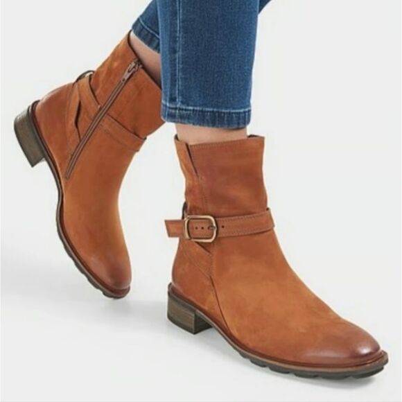 $500+ PAUL GREEN DENVER Belted Biker CHIC Boot MOTO RUGGED COGNAC 7.5 UK/ 10 US - Picture 1 of 9